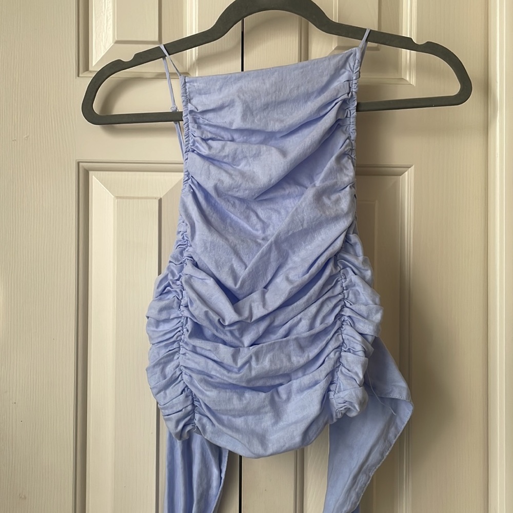 Free People Ruched Halterneck Belted Top Light Blue